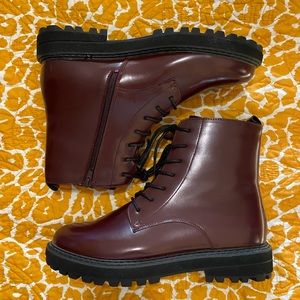 NEW- JustFab Faux Leather Lace-Up Combat Boots- Maroon